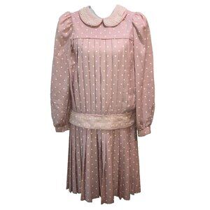 Vintage Nicole Size 14 Rose Pink Polka Dot Lace Drop Waist Pleated Dress USA
